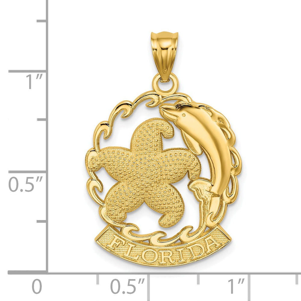 14K Yellow Gold Textured Polished Finish FLORIDA Banner Starfish & Dolphin Wave Design In Circle Shape Charm Pendant