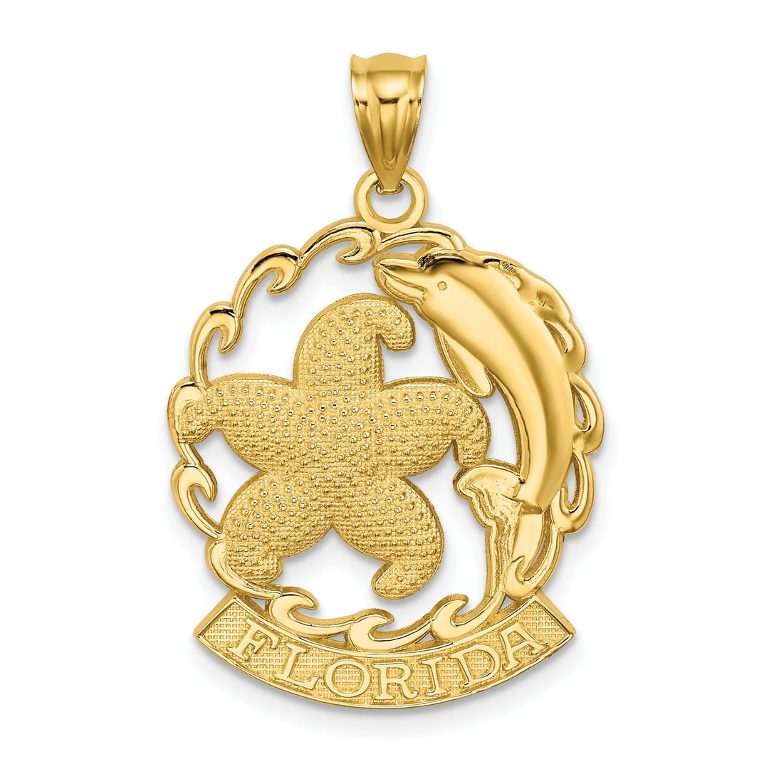 14K Yellow Gold Textured Polished Finish FLORIDA Banner Starfish & Dolphin Wave Design In Circle Shape Charm Pendant