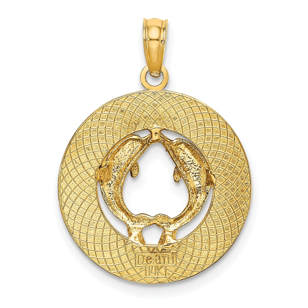 14K Yellow Gold Polished Finish Concave Shape BONAIRE, W.I Circle Design with Doliphins Charm Pendant