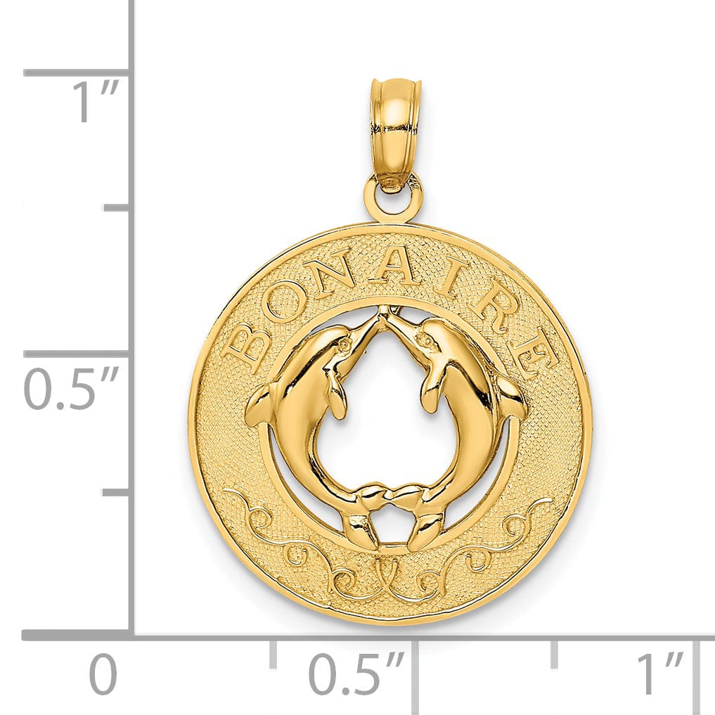 14K Yellow Gold Polished Finish Concave Shape BONAIRE, W.I Circle Design with Doliphins Charm Pendant