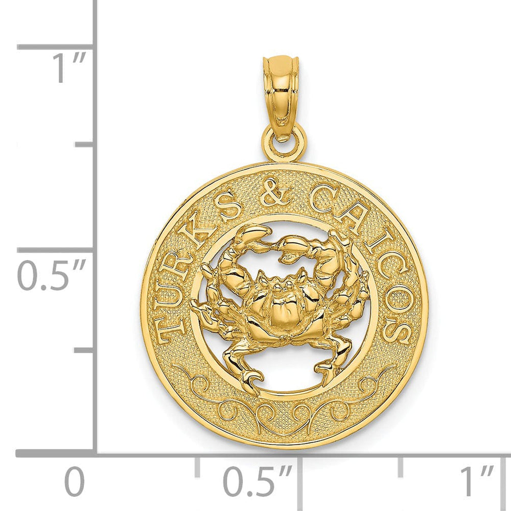 14K Yellow Gold Polished Textured Finish TURKS & CAICOS Circle Design with Crab Charm Pendant