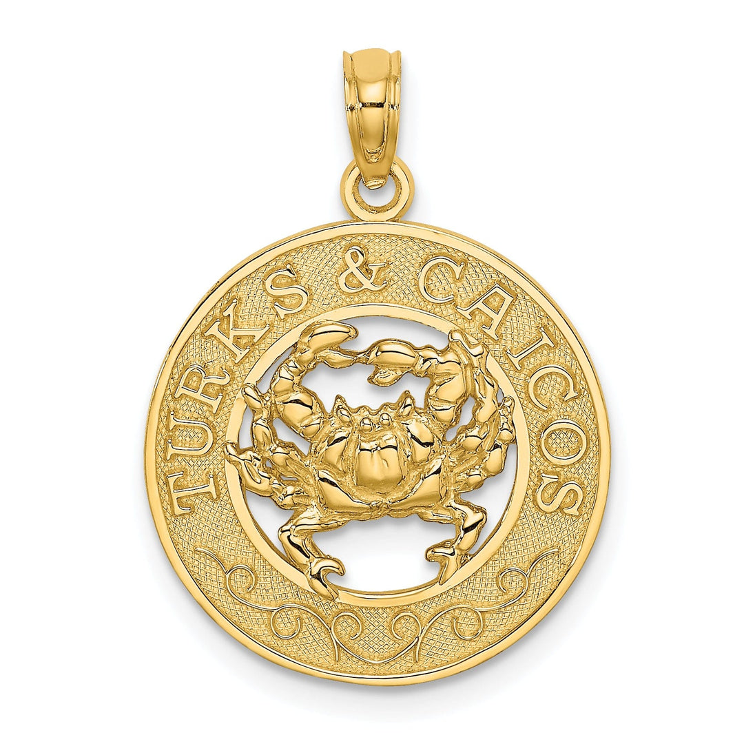 14K Yellow Gold Polished Textured Finish TURKS & CAICOS Circle Design with Crab Charm Pendant