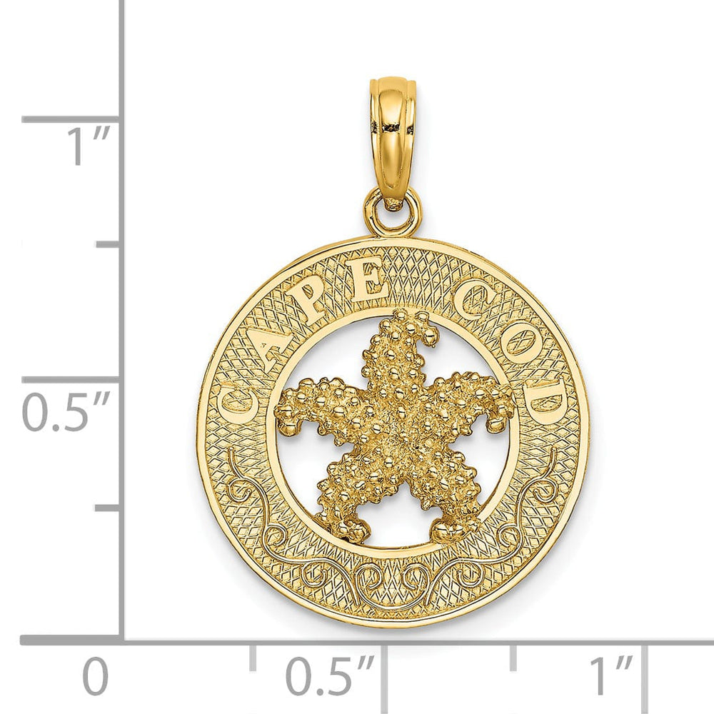 14K Yellow Gold Polished Textured Finish CAPE CODE Starfish in Circle Design Charm Pendant