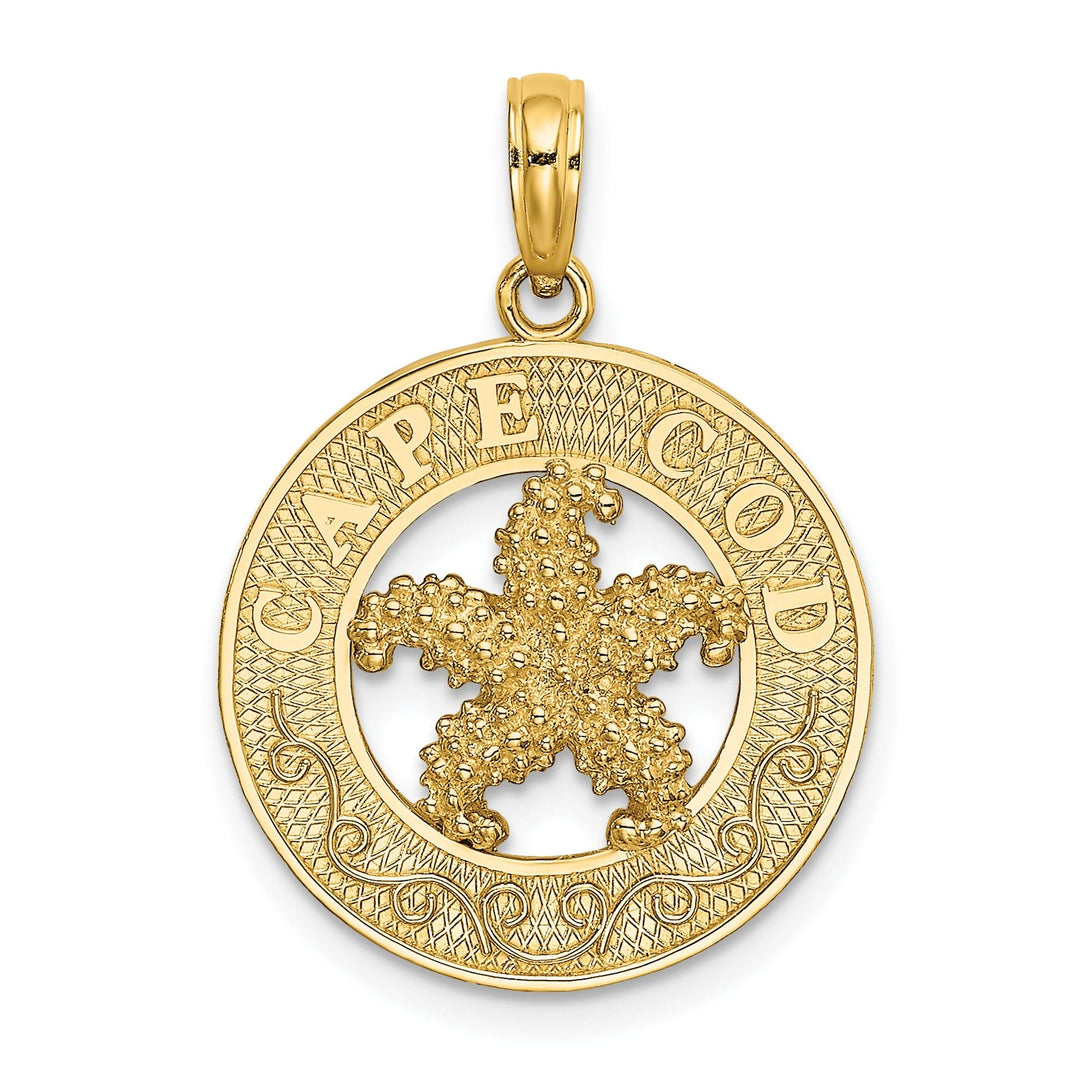 14K Yellow Gold Polished Textured Finish CAPE CODE Starfish in Circle Design Charm Pendant