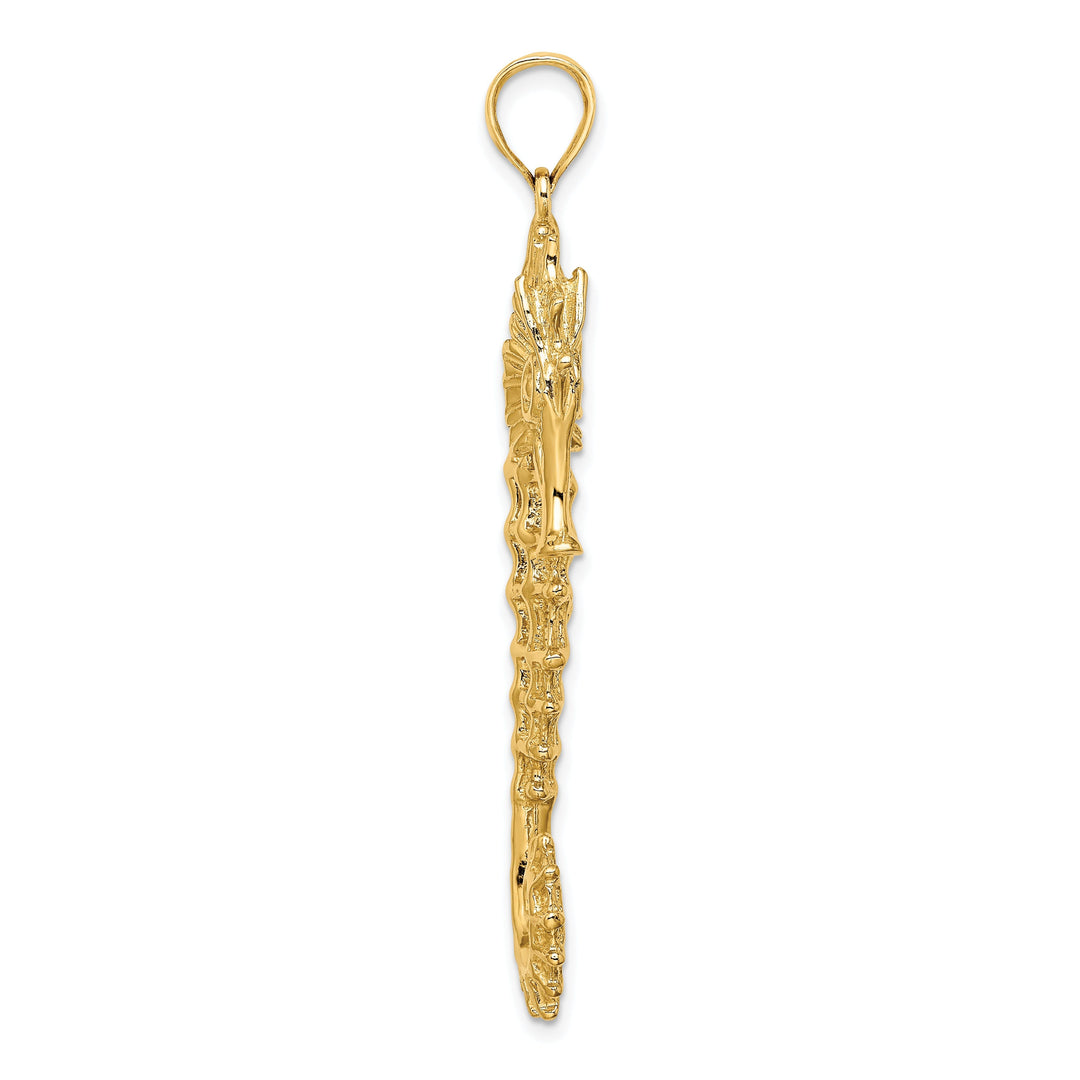 14K Yellow Gold Polished Textured Finish 3-Dimensional Seahorse Charm Pendant
