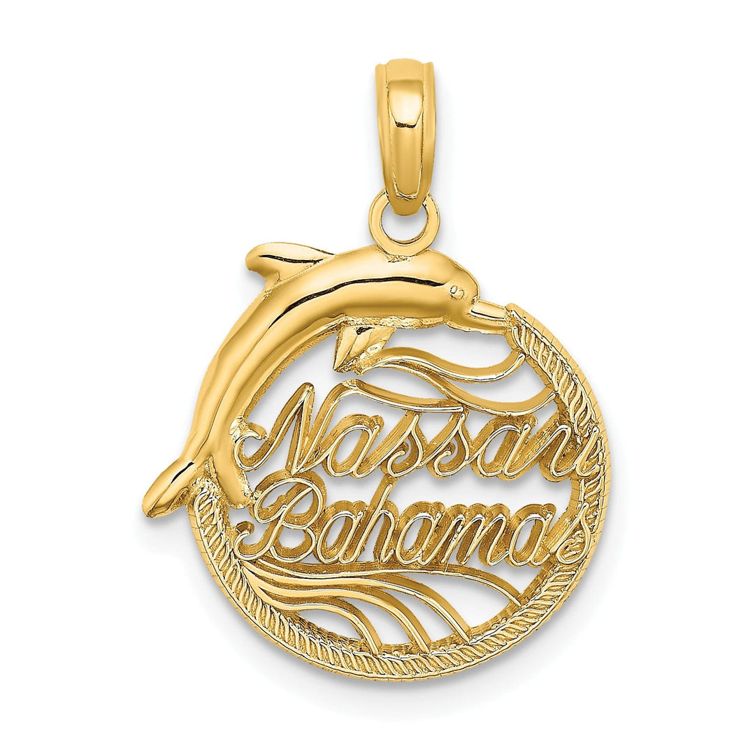 14K Yellow Gold Polished Finish NASSAU BAHAMAS with Dolphin with Circle Design Charm Pendant