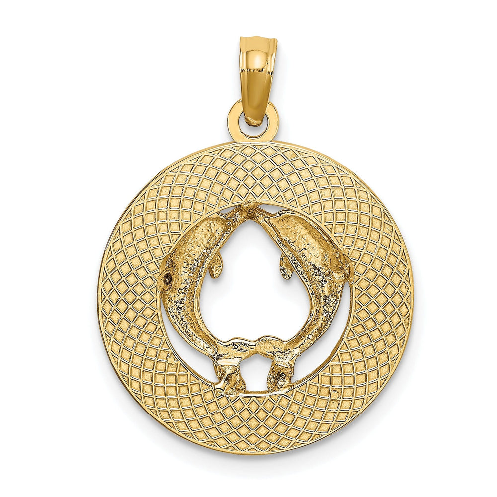 14K Yellow Gold Polished Textured Finish BAHAMAS in Circle Design with Double Dolphin Charm Pendant