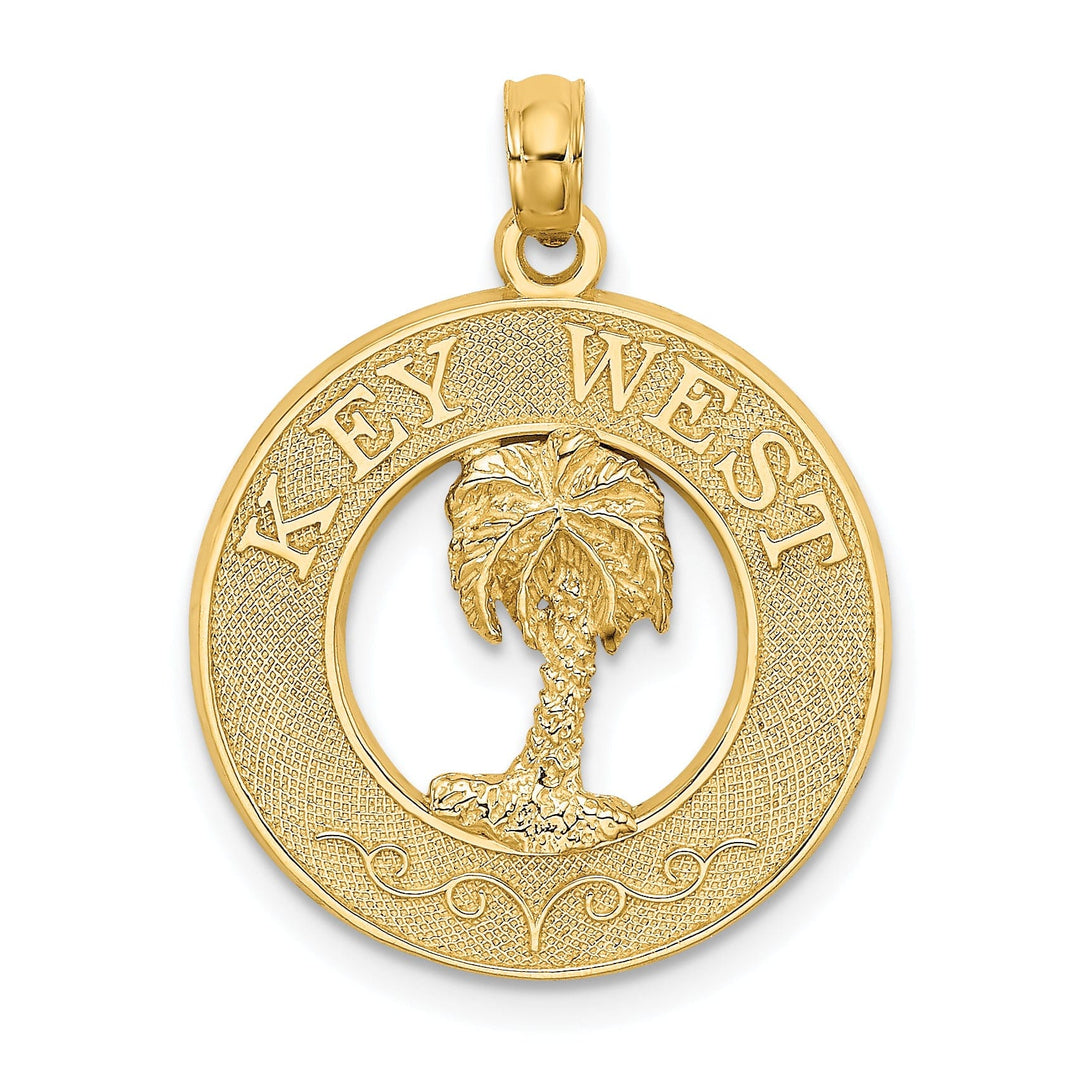 14K Yellow Gold Polished Textured Finish KEY WEST with Palm Tree in Circle Design Charm Pendant