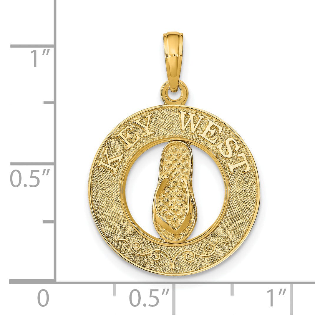 14K Yellow Gold Polished Textured Finish KEY WEST with Flip-Flop Sandle in Circle Design Charm Pendant