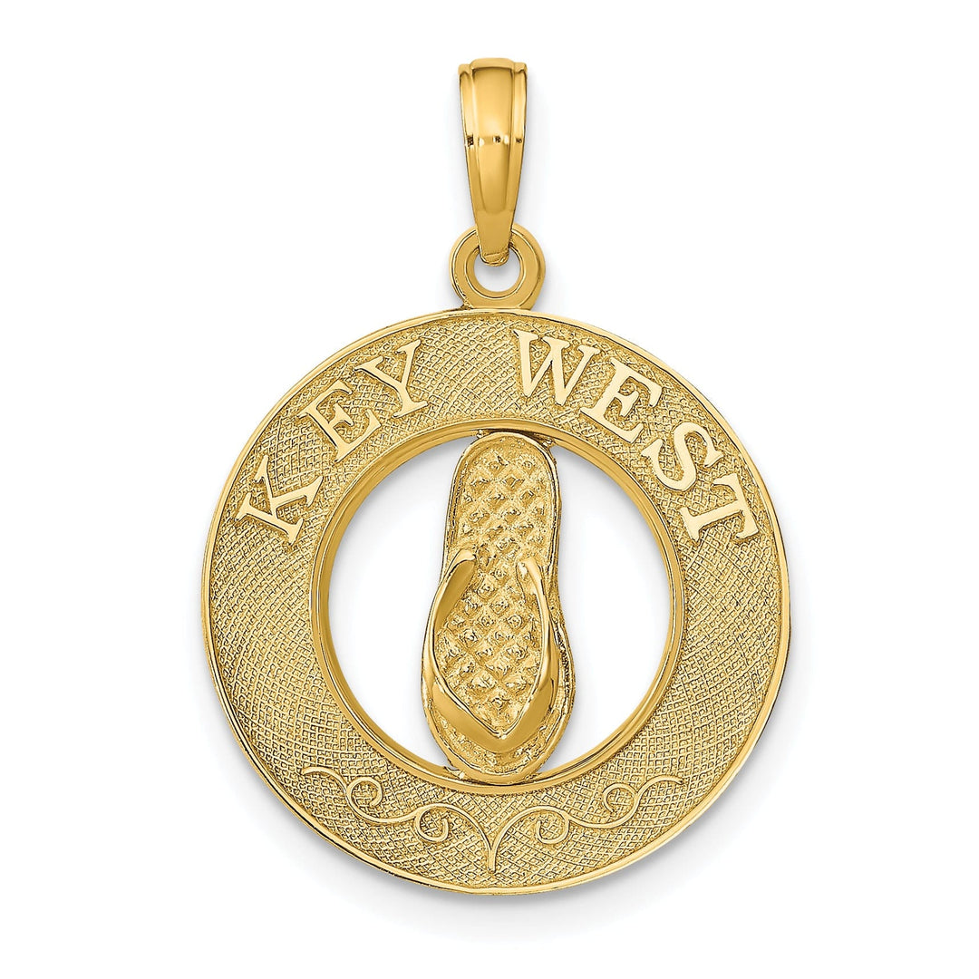 14K Yellow Gold Polished Textured Finish KEY WEST with Flip-Flop Sandle in Circle Design Charm Pendant