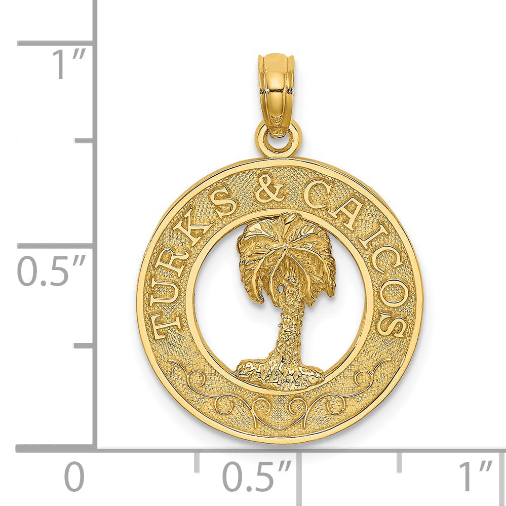 14K Yellow Gold Polished Textured Finish TURKS & CAICOS Circle Design with Palm Tree Charm Pendant