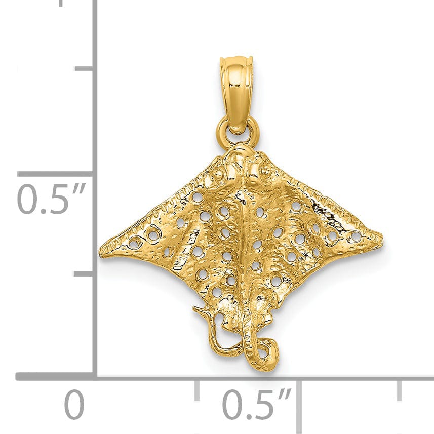 14K Yellow Gold Solid Casted Textured Polished Finish Spotted Eagle Ray with Holes Charm Pendant
