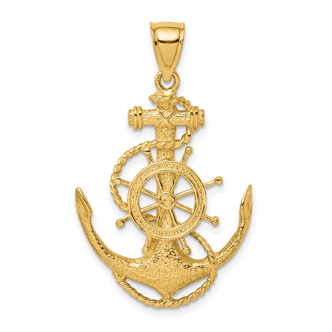 14K Yellow Gold Polished Finish 2-D Anchor Wheel Rope Design Charm Pendant