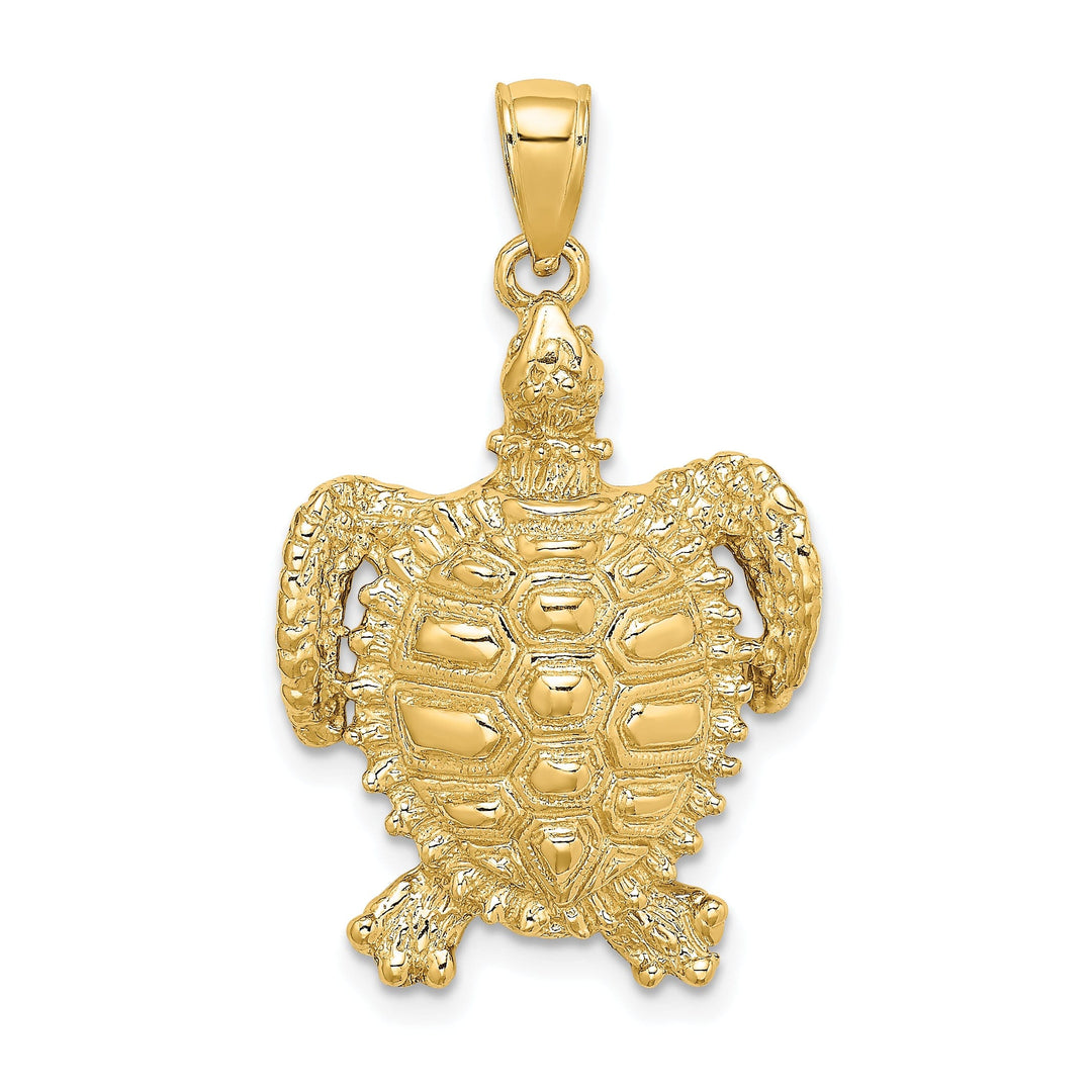 14k Yellow Gold Solid Casted Textured and Polished Finish Sea Turtle with Spiny Shell Charm Pendant