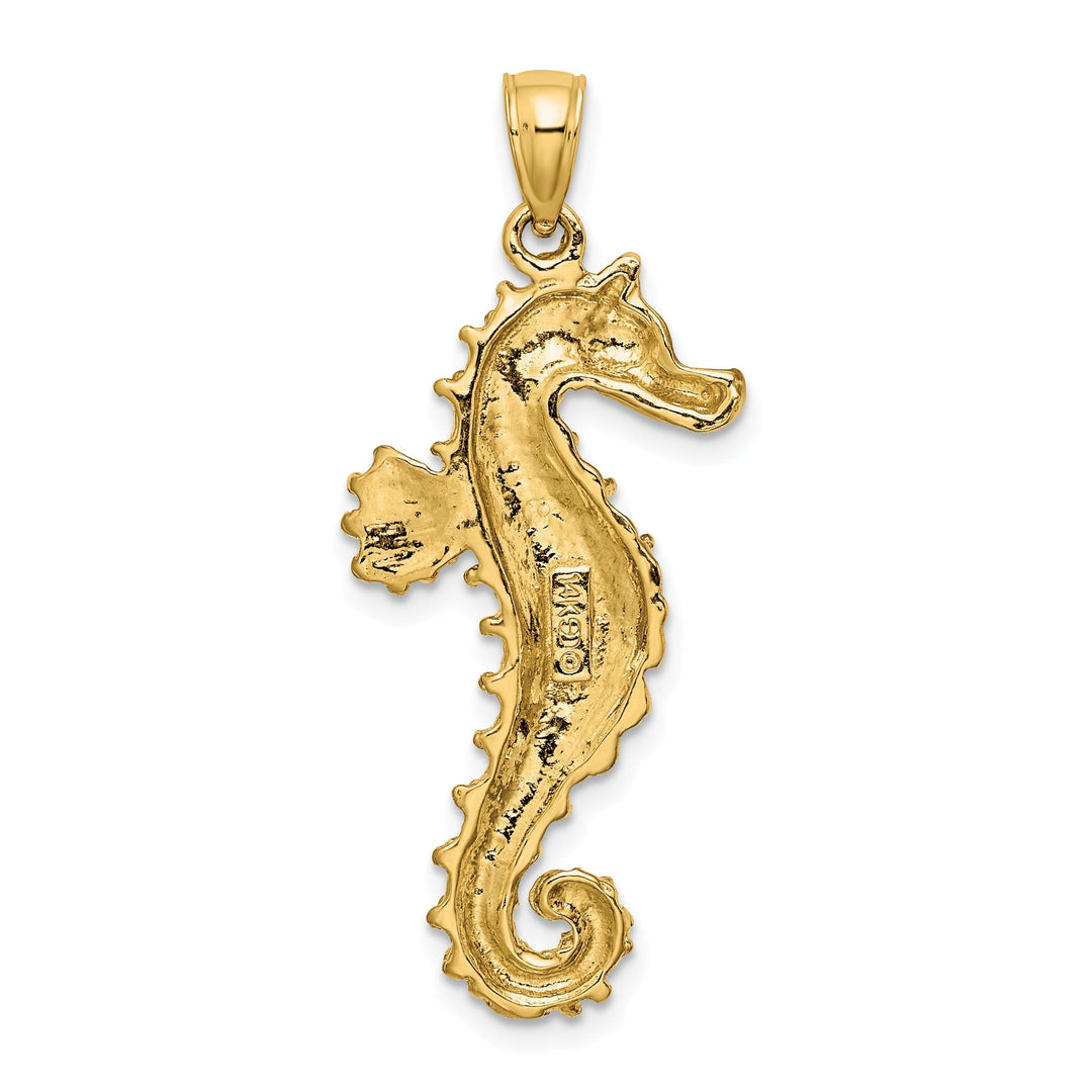 14K Yellow Gold Solid Texture Polished Finish Opend Back Seahorse Charm Pendant
