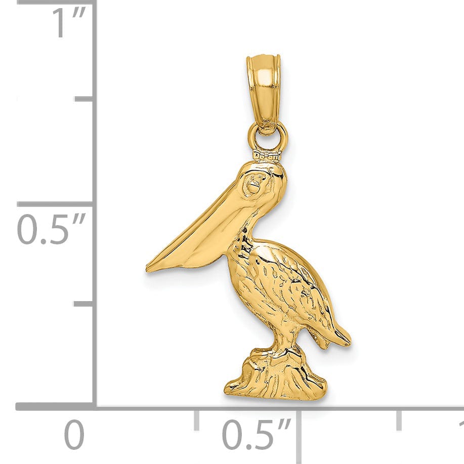 14K Yellow Gold Texture Polished Finish 3-Dimensional Pelican Standing on Piling Charm Pendant