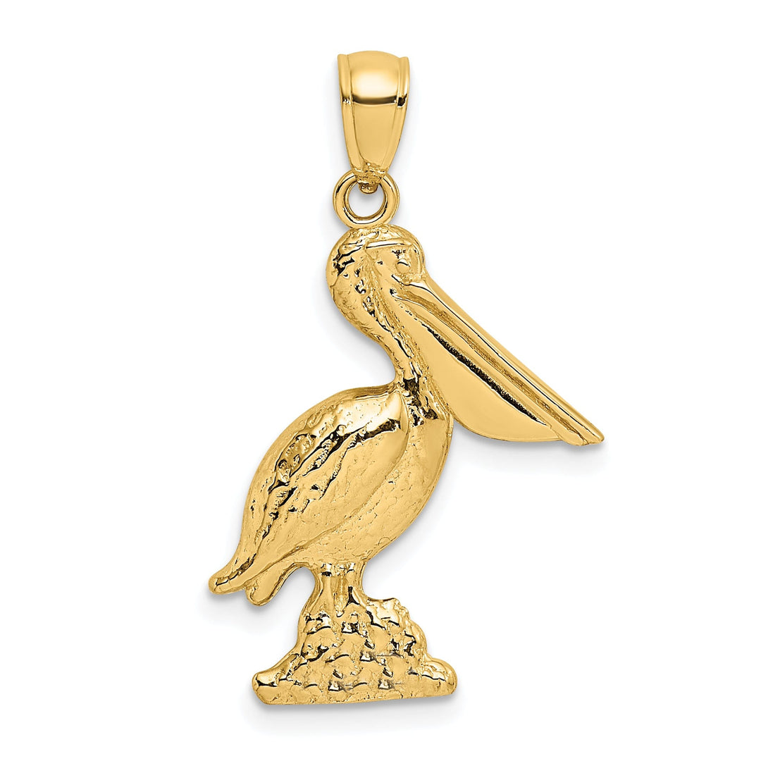 14K Yellow Gold Textured Polished Finish 3-Dimensional Pelican Standing on Piling Charm Pendant
