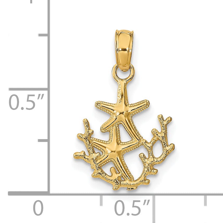 14K Yellow Gold Solid Textured Polished Finish Mini Double Starfish and Coral Design Charm Pendant