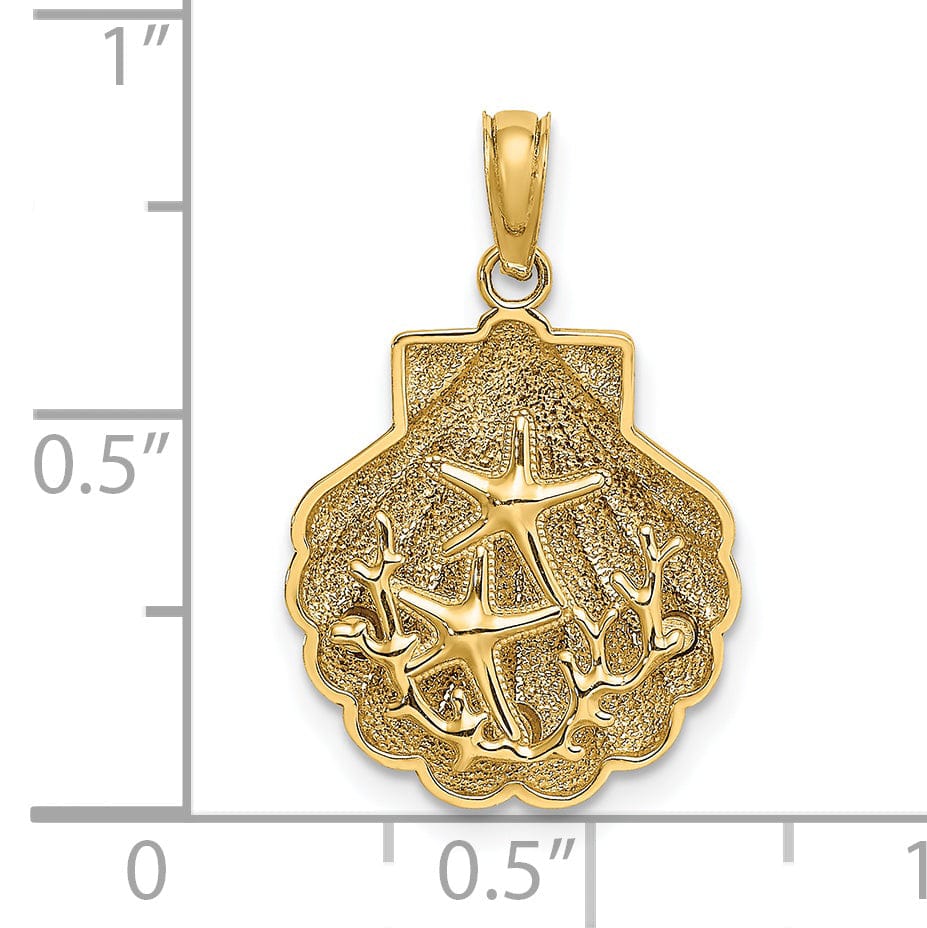 14K Yellow Gold Polished Textured Finish 3-Dimensional Reversible Starfish and Coral in Shell Design Charm Pendant