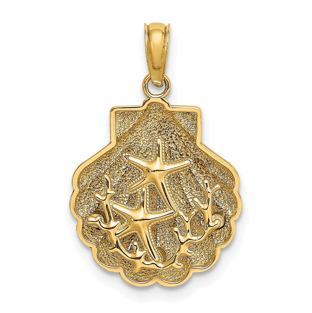 14K Yellow Gold Polished Textured Finish 3-Dimensional Reversible Starfish and Coral in Shell Design Charm Pendant