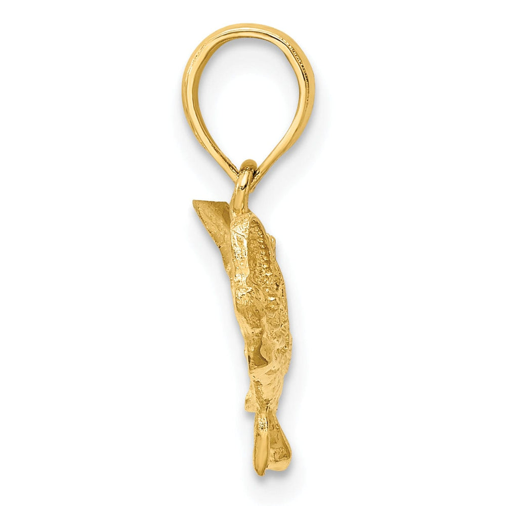 14K Yellow Gold Textured Polished Finish 2-Dimensional Bass Fish with Tail Up Design Charm Pendant