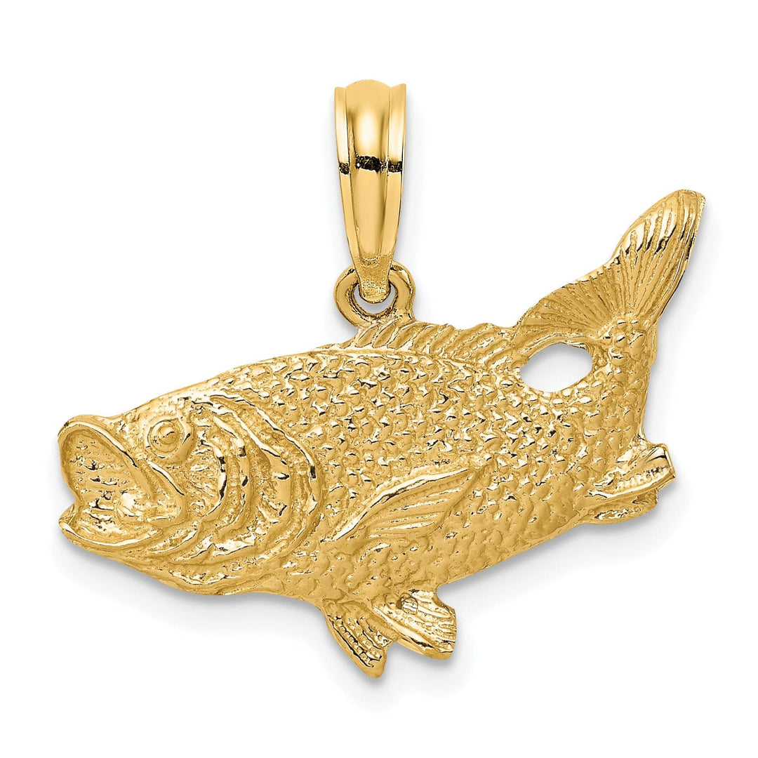 14K Yellow Gold Textured Polished Finish 2-Dimensional Bass Fish with Tail Up Design Charm Pendant