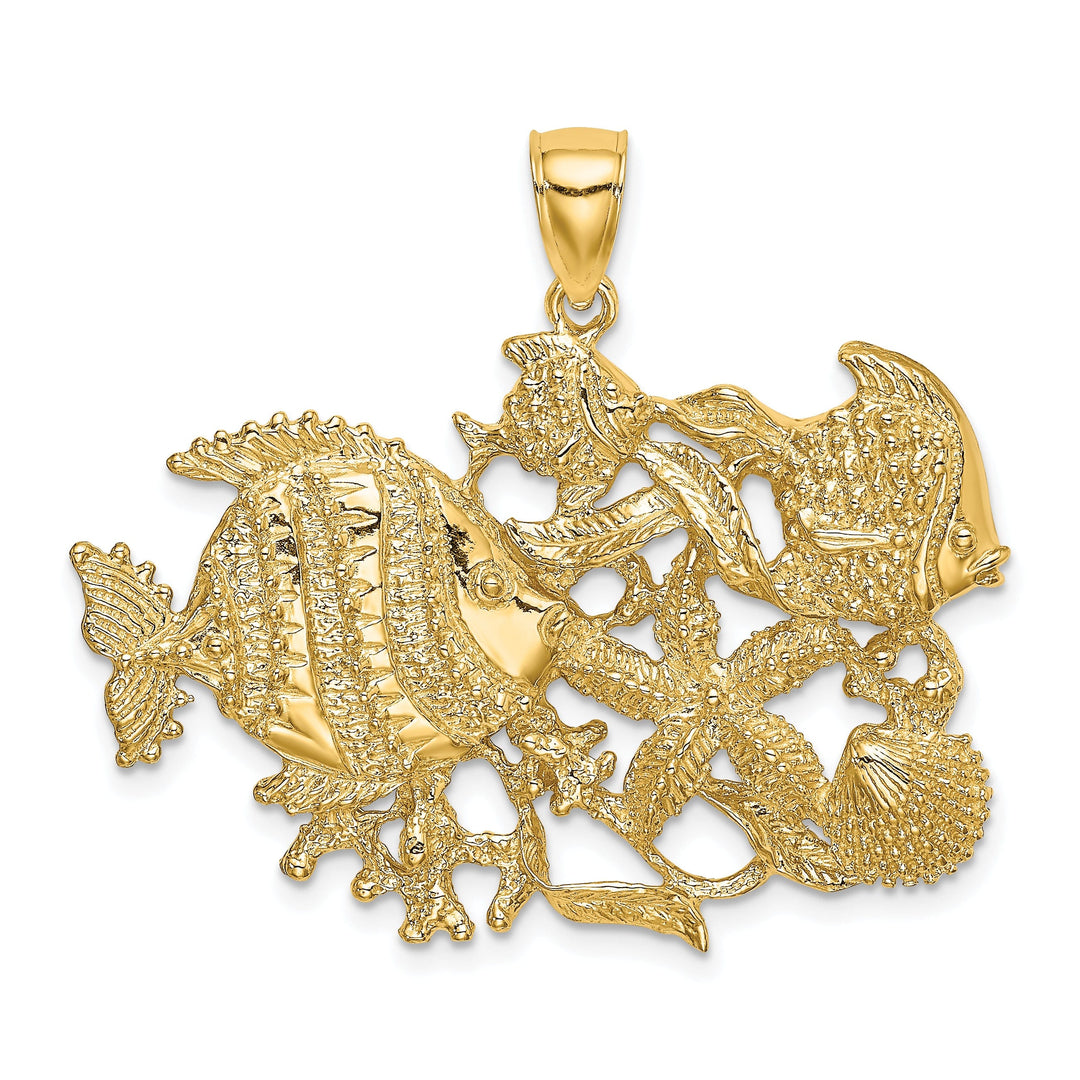 14K Yellow Gold Polished Textured Finish Aquarium Story Design Charm Pendant