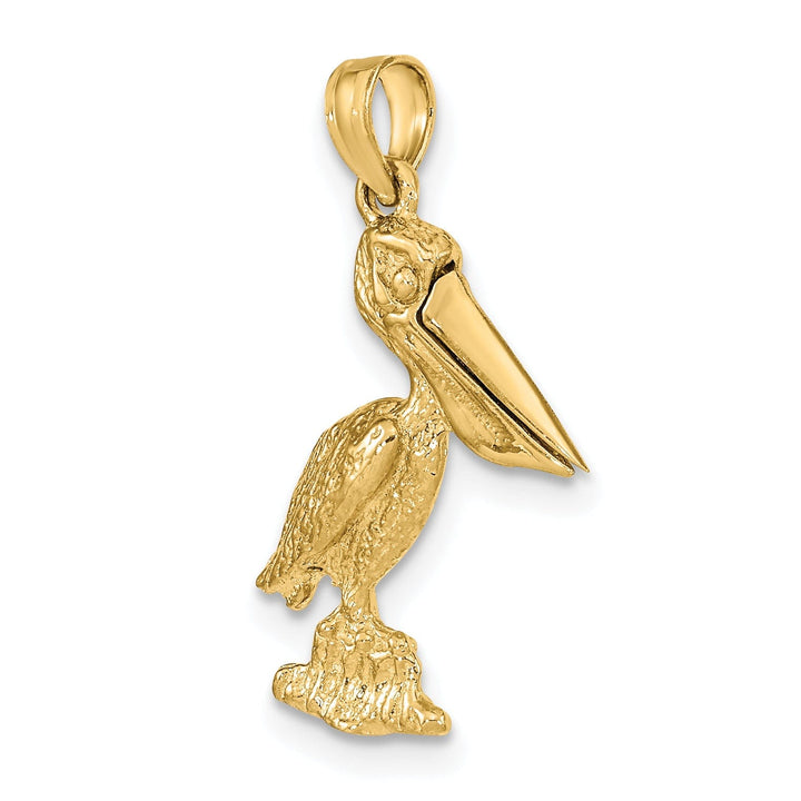 14K Yellow Gold Polished Textured Finish 3-Dimensional Standing on Piling Pelican with Moveable Mouth Charm Pendant