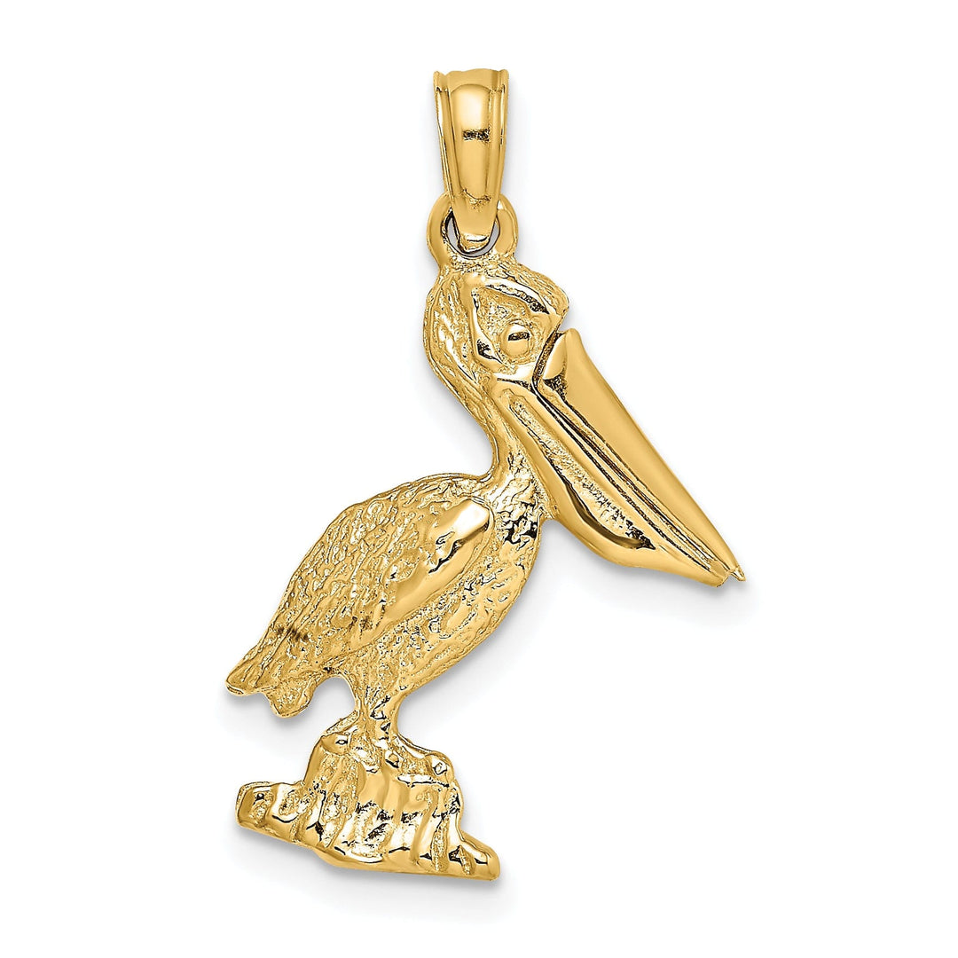 14K Yellow Gold Polished Textured Finish 3-Dimensional Standing on Piling Pelican with Moveable Mouth Charm Pendant