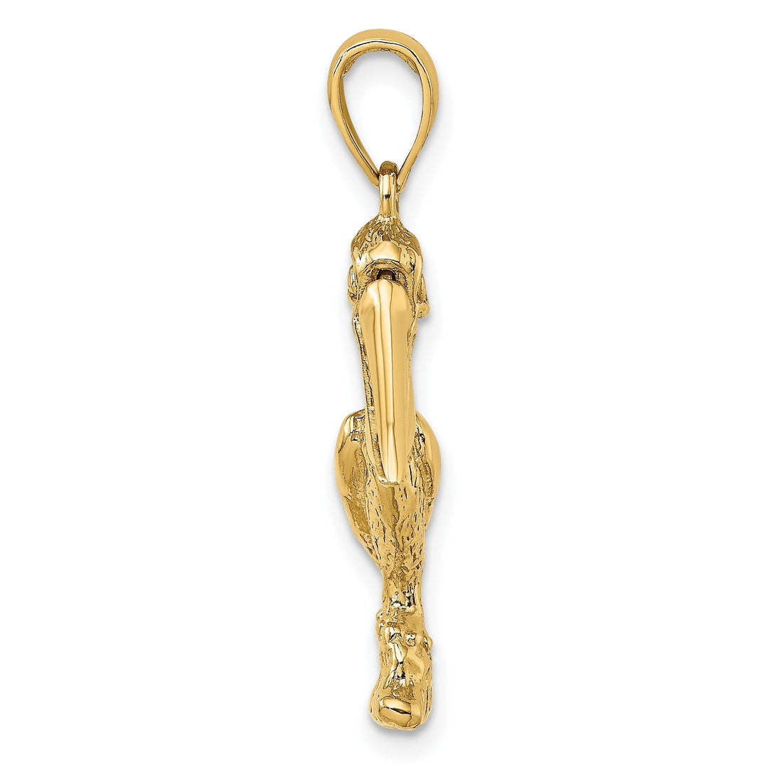 14K Yellow Gold Polished Textured Finish 3-Dimensional Large Size Standing on Piling Pelican with Moveable Mouth Charm Pendant