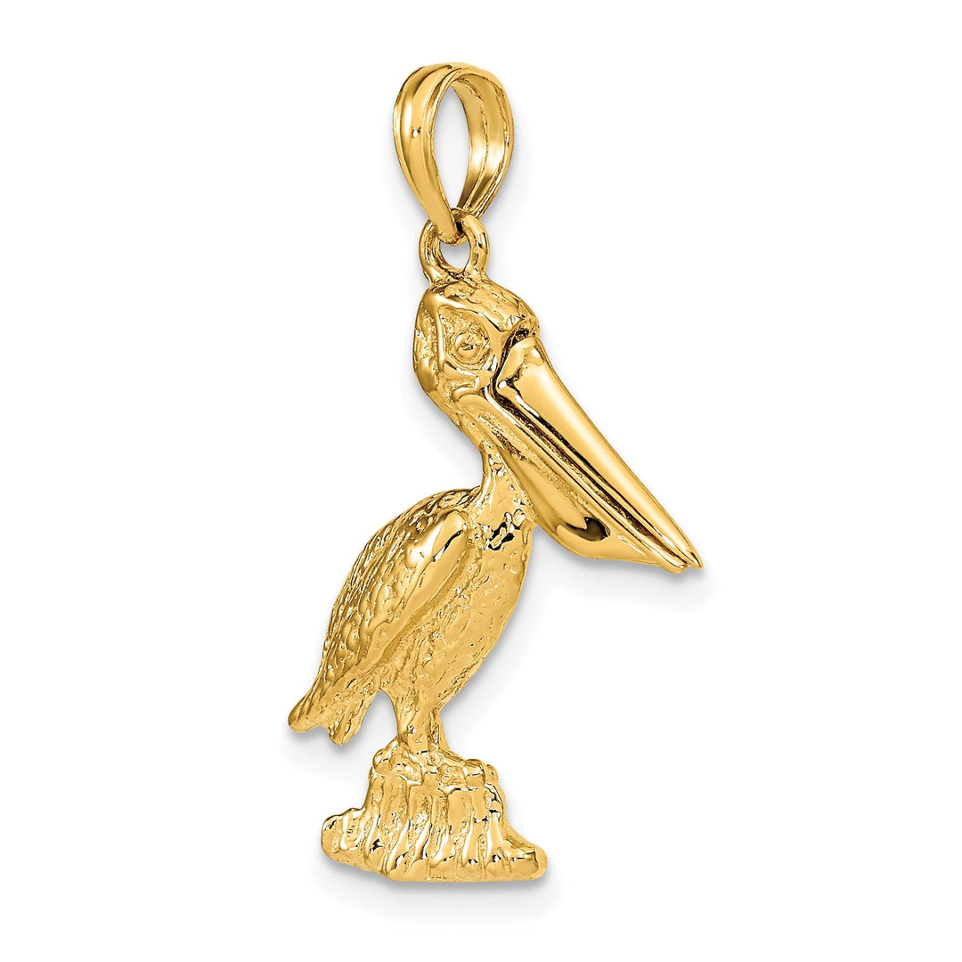 14K Yellow Gold Polished Textured Finish 3-Dimensional Large Size Standing on Piling Pelican with Moveable Mouth Charm Pendant