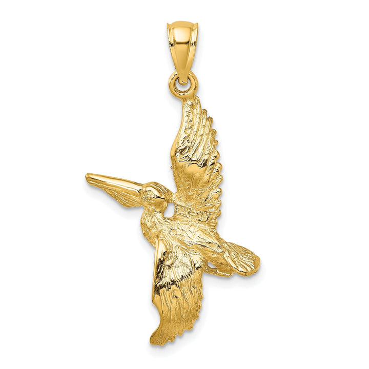 14K Yellow Gold Polished Textured Finish 3-Dimensional Pelican in Flight Charm Pendant