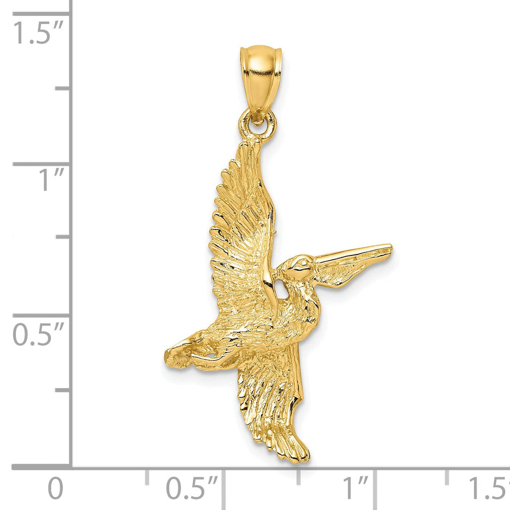 14K Yellow Gold Polished Textured Finish 3-Dimensional Pelican in Flight Charm Pendant