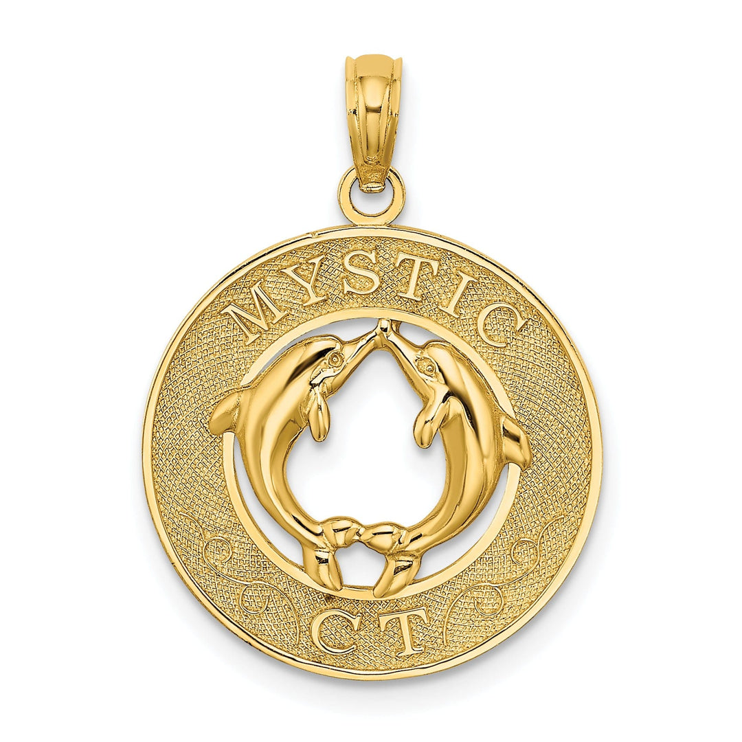 14K Yellow Gold Polished Textured Finish MYSTIC CT Double Dolphins in Circle Design Charm Pendant
