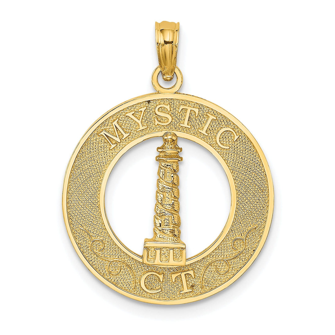 14K Yellow Gold Polished Textured Finish MYSTIC CT Lighthouse in Circle Design Charm Pendant