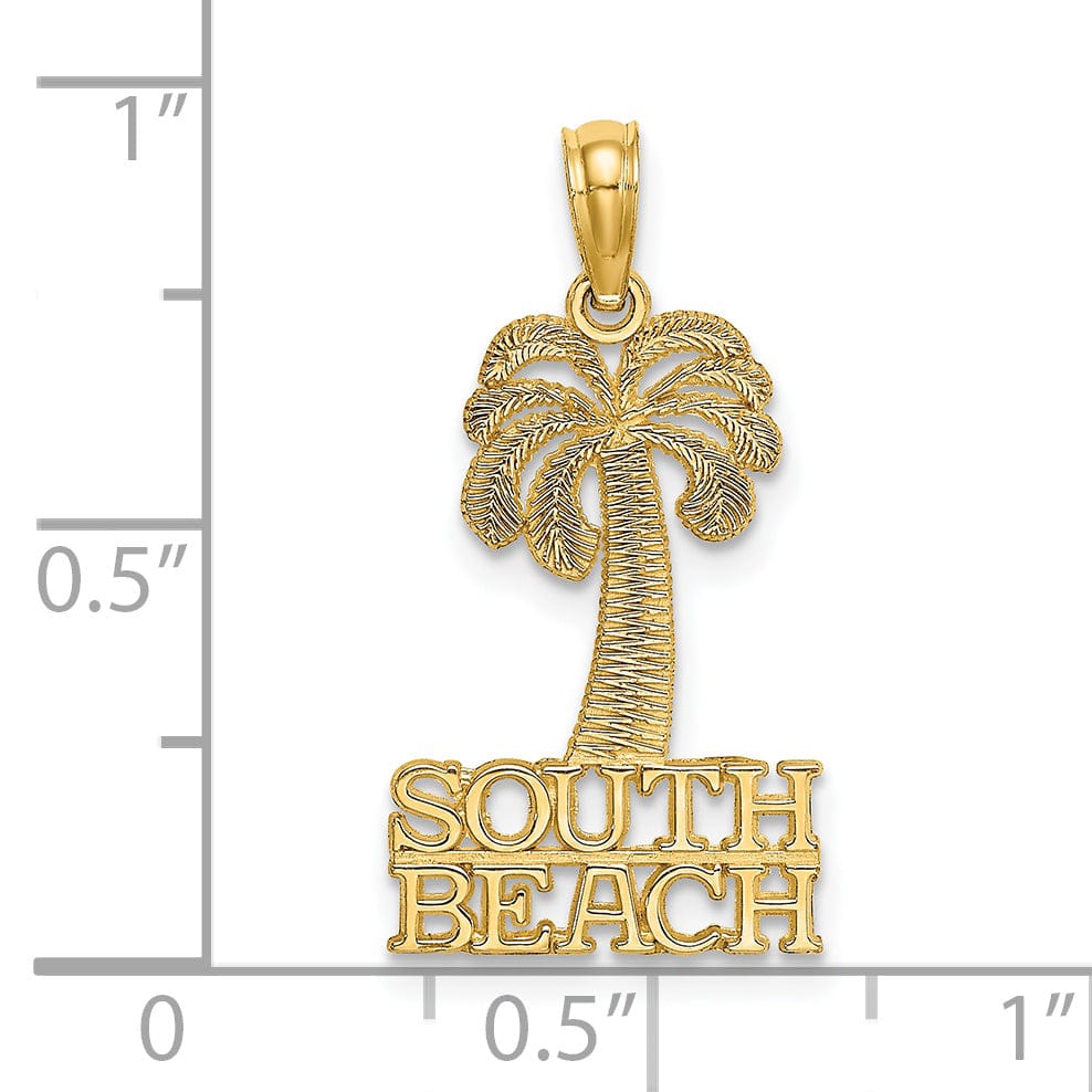 14K Yellow Gold Polished Textured Finish SOUTH BEACH Under Palm Tree Sign Charm Pendant