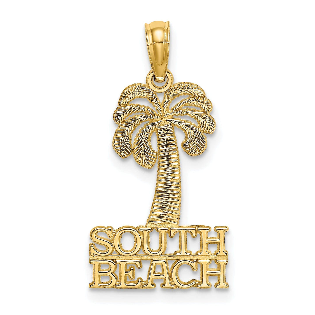 14K Yellow Gold Polished Textured Finish SOUTH BEACH Under Palm Tree Sign Charm Pendant