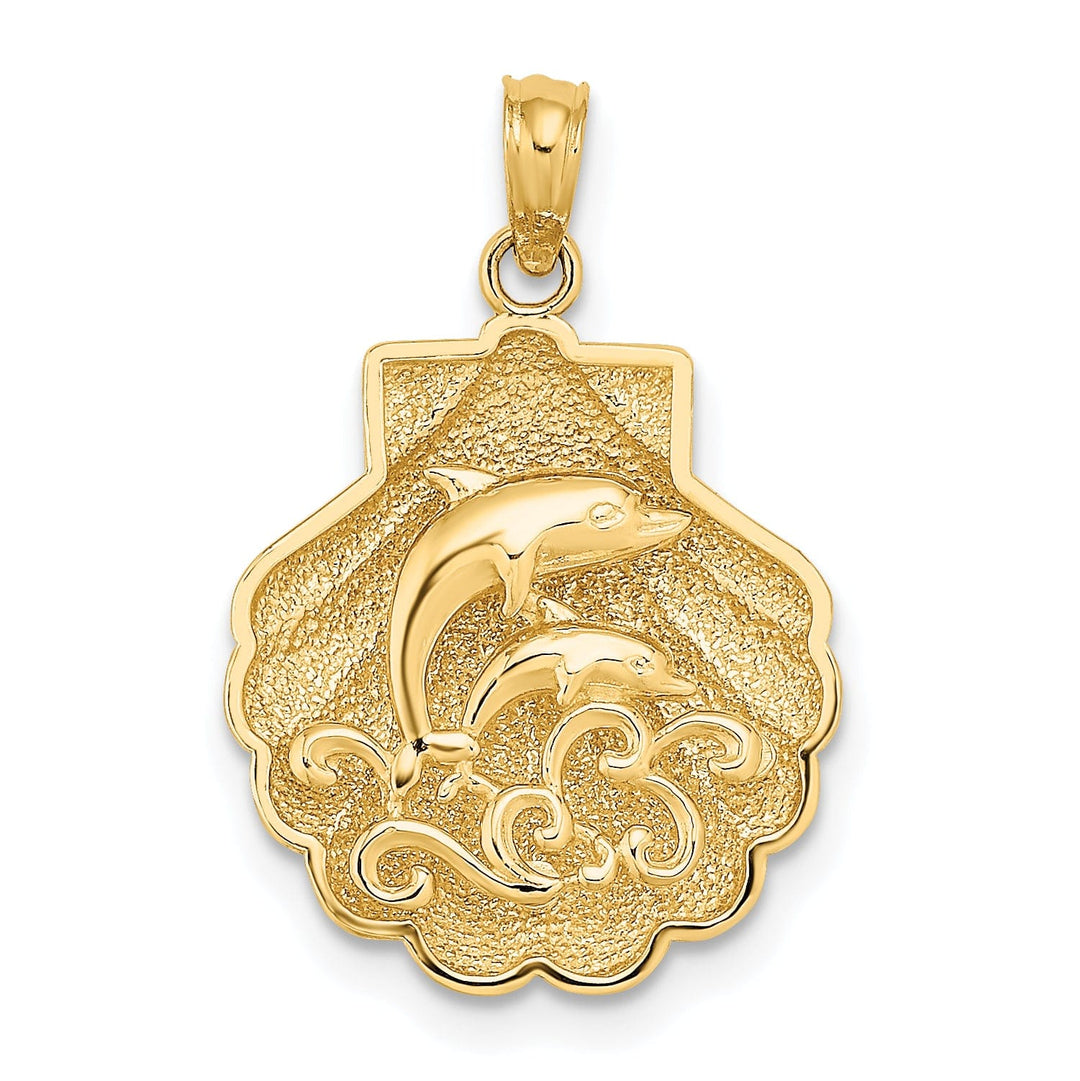 14K Yellow Gold Polished Textured Finish 3-Dimensional Reversible Dolphins Swimming in Waves Shell Design Charm Pendant