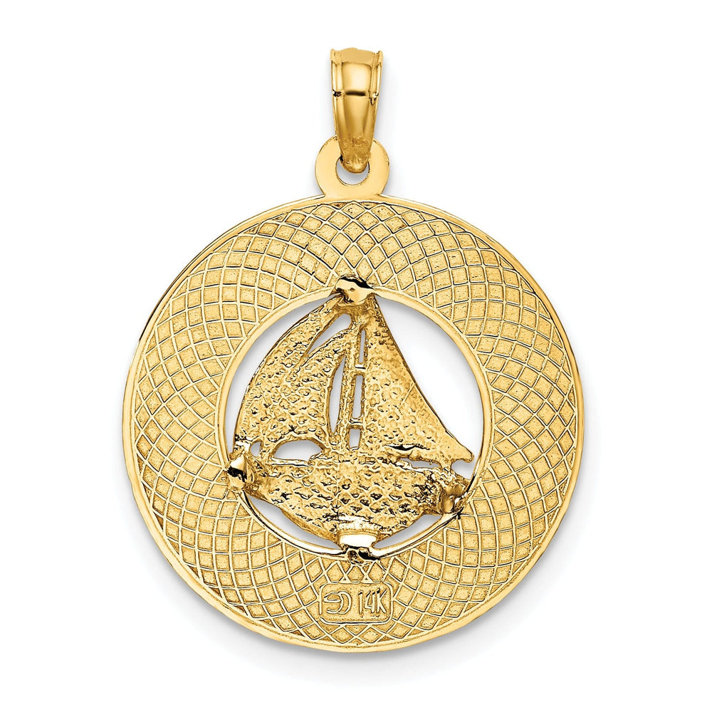 14K Yellow Gold Polished Textured Finish SANIBEL Florida with Sailboat in Circle Design Charm Pendant