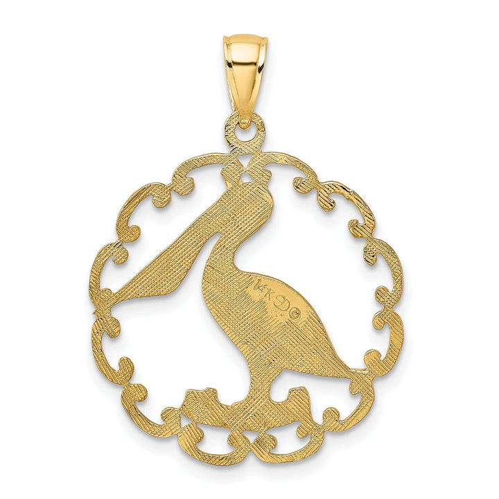14K Yellow Gold Polished Textured Finish Pelican In Circle Design Charm Pendant