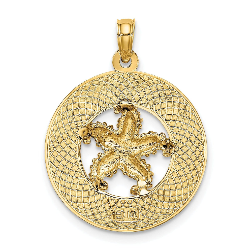 14K Yellow Gold Polished Textured Finish SANIBEL Florida with Starfish in Circle Design Charm Pendant