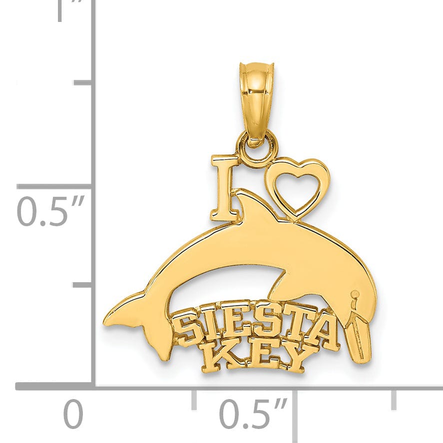 14K Yellow Gold Polished Finish I HEART SIESTA KEY with Dolphin Swimming Charm Pendant