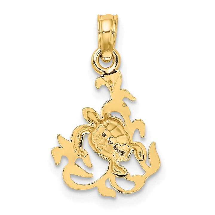 14k Yellow Gold Solid Casted Polished and Textured Finish Mini Sea Turtle and Kelp Charm Pendant