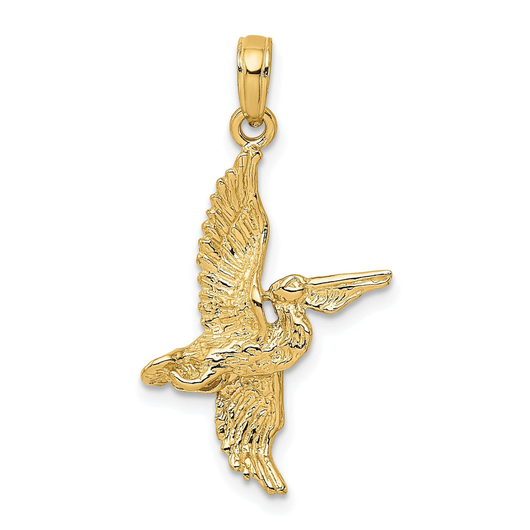 14K Yellow Gold Polished Texture Finish 3-Dimensional Pelican in Flight Charm Pendant