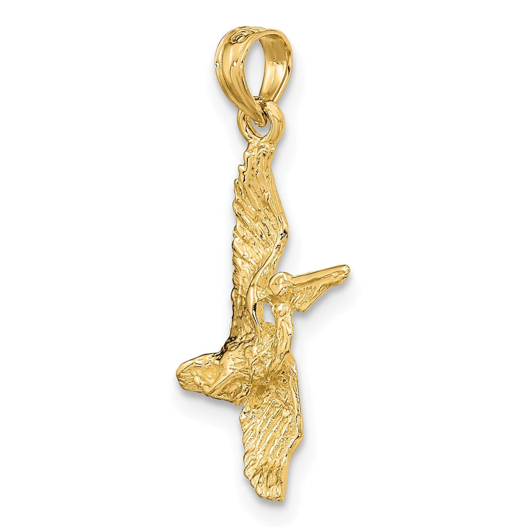 14K Yellow Gold Polished Textured Finish 3-Dimensional Pelican Flying Charm Pendant