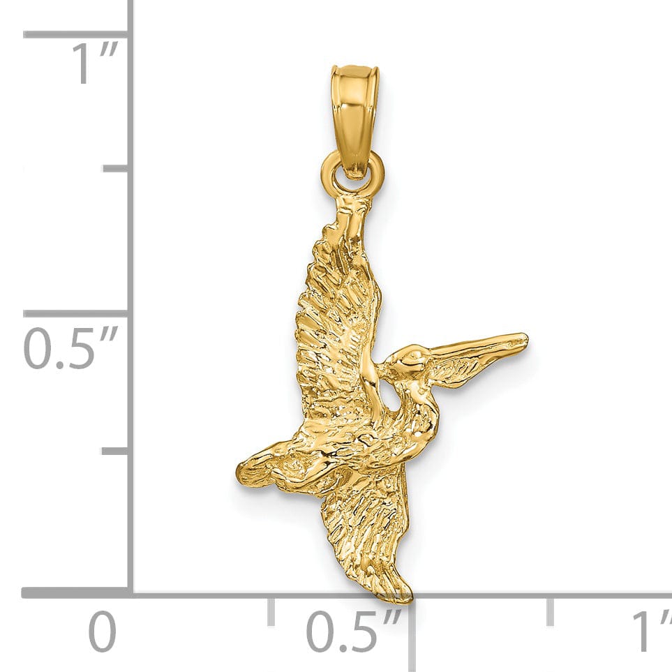 14K Yellow Gold Polished Textured Finish 3-Dimensional Pelican Flying Charm Pendant