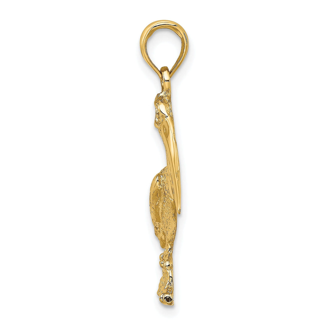 14K Yellow Gold Textured Polished Finish Pelican Standing on Piling Charm Pendant