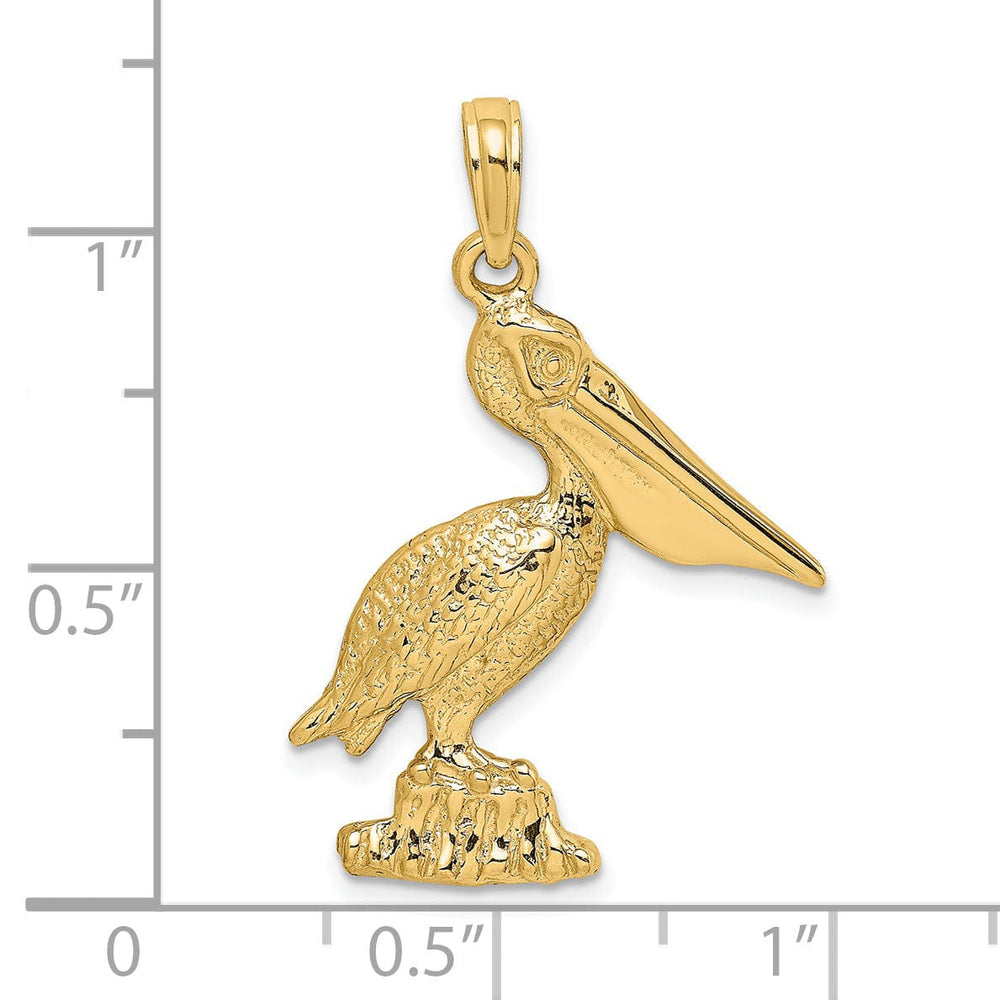 14K Yellow Gold Textured Polished Finish Pelican Standing on Piling Charm Pendant