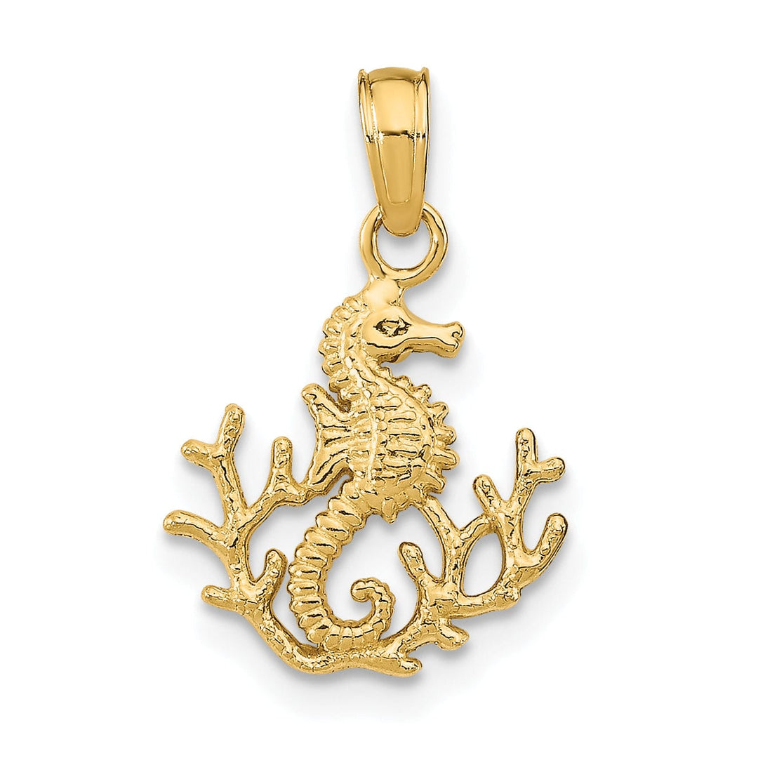 14K Yellow Gold Polished Textured Finish Mini Size Seahorse with Coral Design Charm Pendant