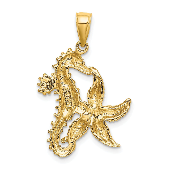 14K Yellow Gold Solid Polished Texture Finish Starfish and Seahorse Design Charm Pendant